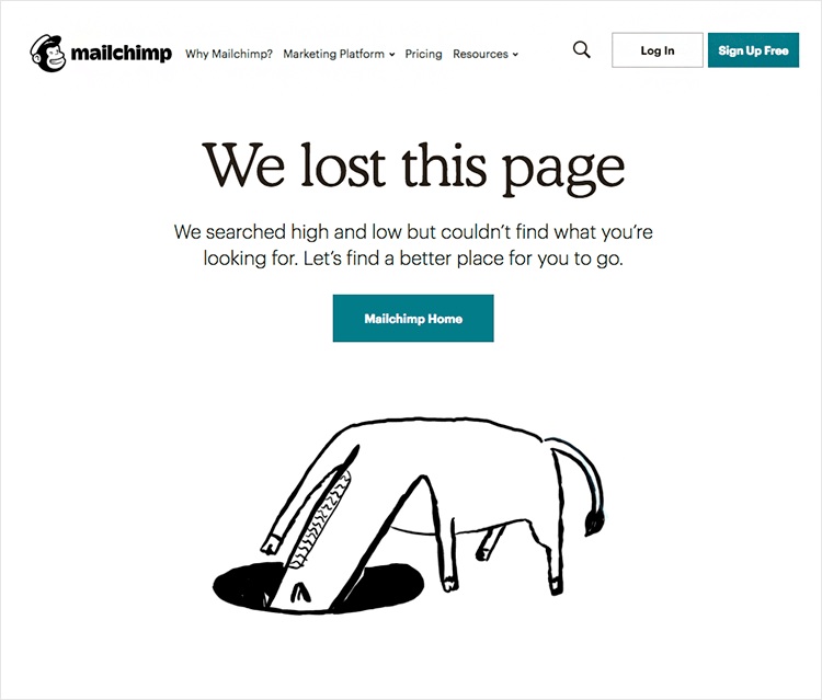 mailchimp as example of 404 page design