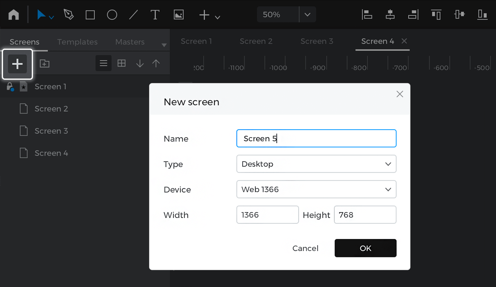Create a new screen by clicking the + button