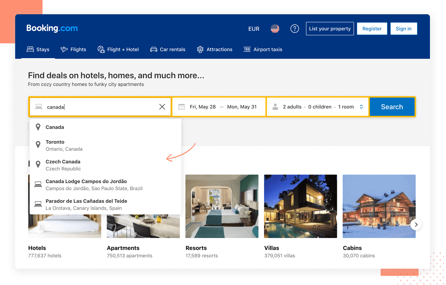 booking.com as example of ux design with search bars