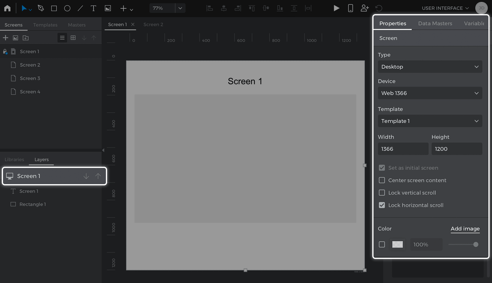Select the screen in the Layers palette or double click on the Canvas to see options to edit the screen details