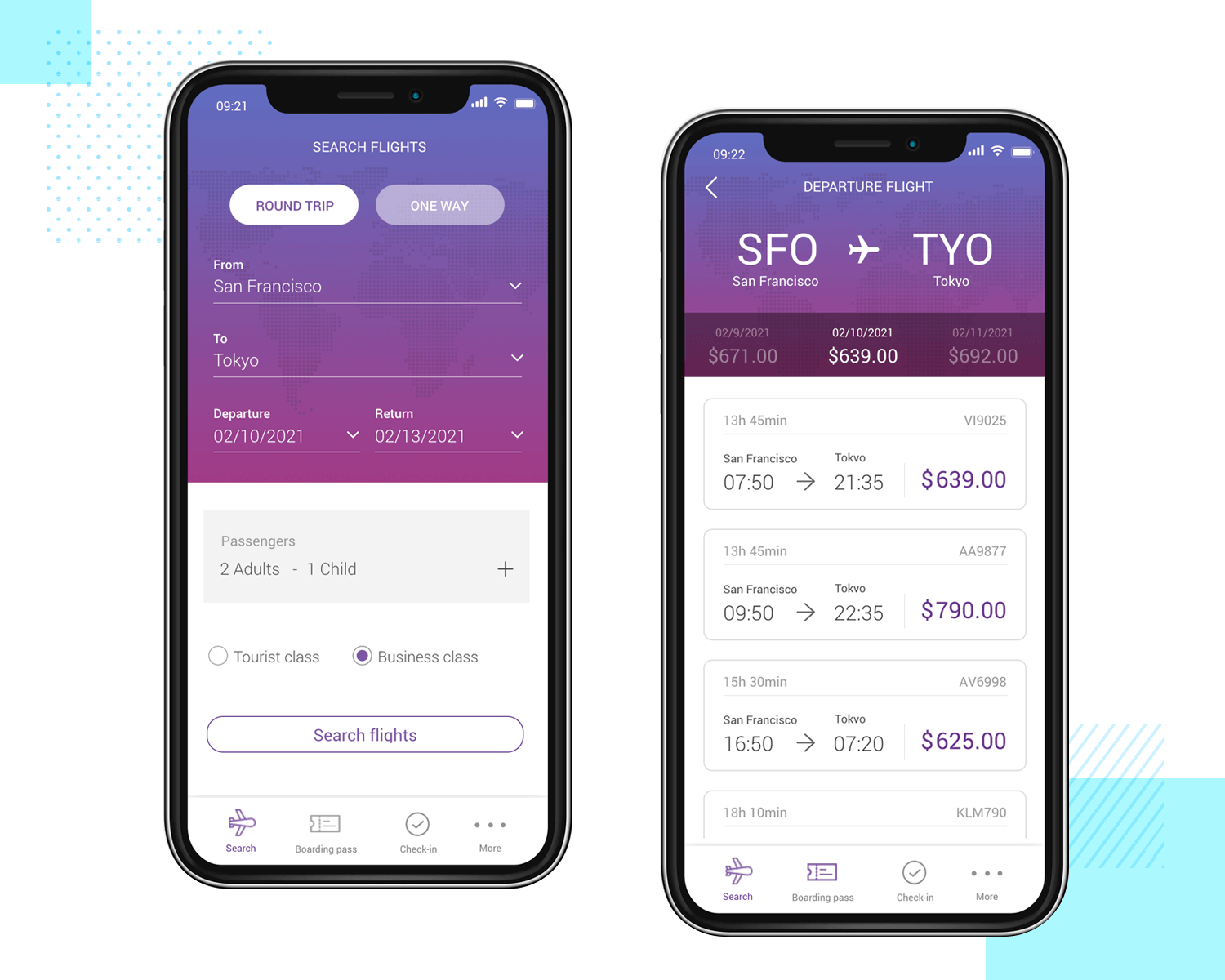 Example of a high fidelity flight-booking app from Justinmind