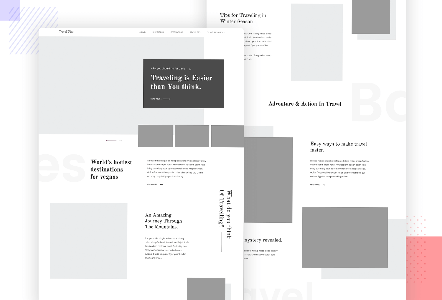 Example of wireframe for landing page - for a travel blog
