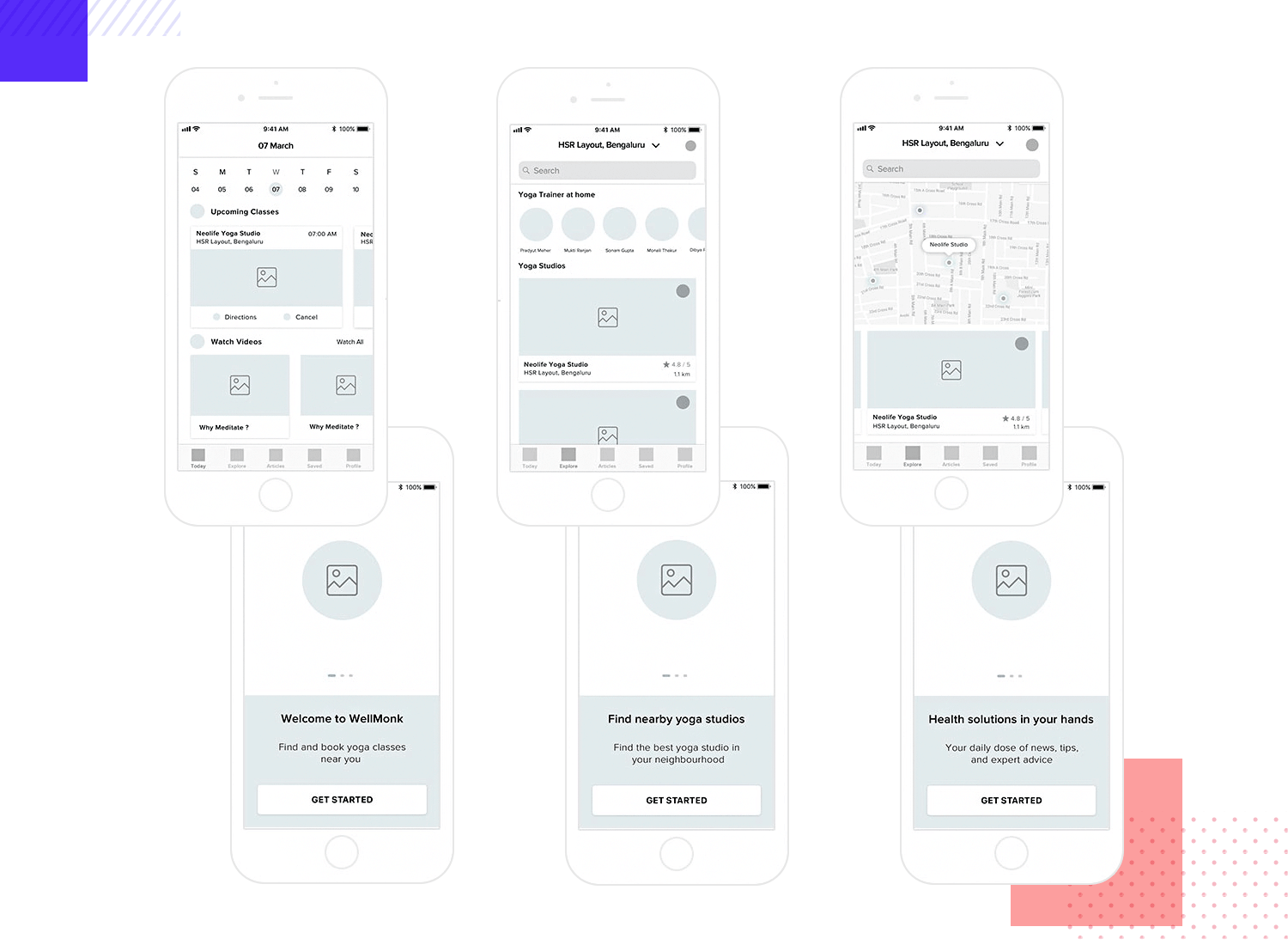 yoga classes booking app wireframe example
