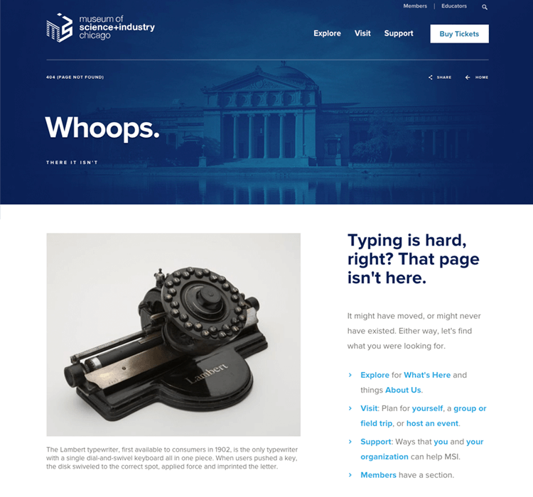 museum of science and industry as example of great 404 page