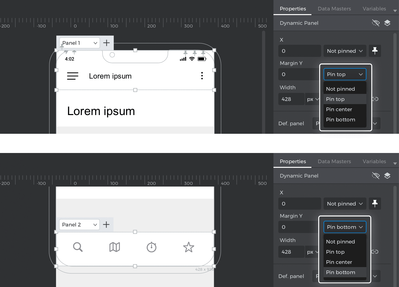 Choose 'pin top' for the header and 'pin bottom' for the footer in each dropdown