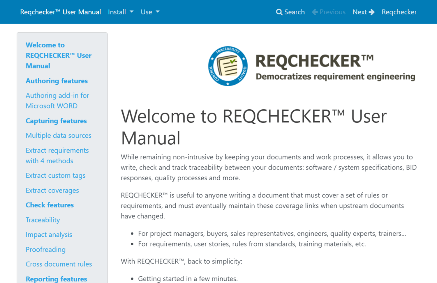 showing of a requirements tool by reqcheck