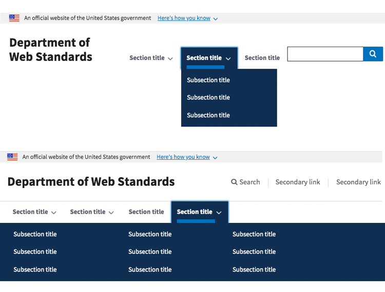 Justinmind US Web Design Standards UI kit - headers and footers